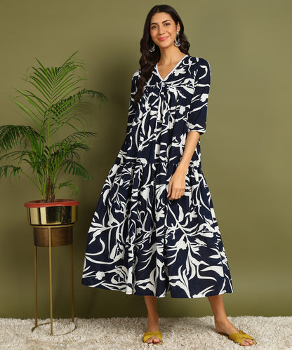 Navy Blue &amp; White Printed Maternity Wear Midi Dress