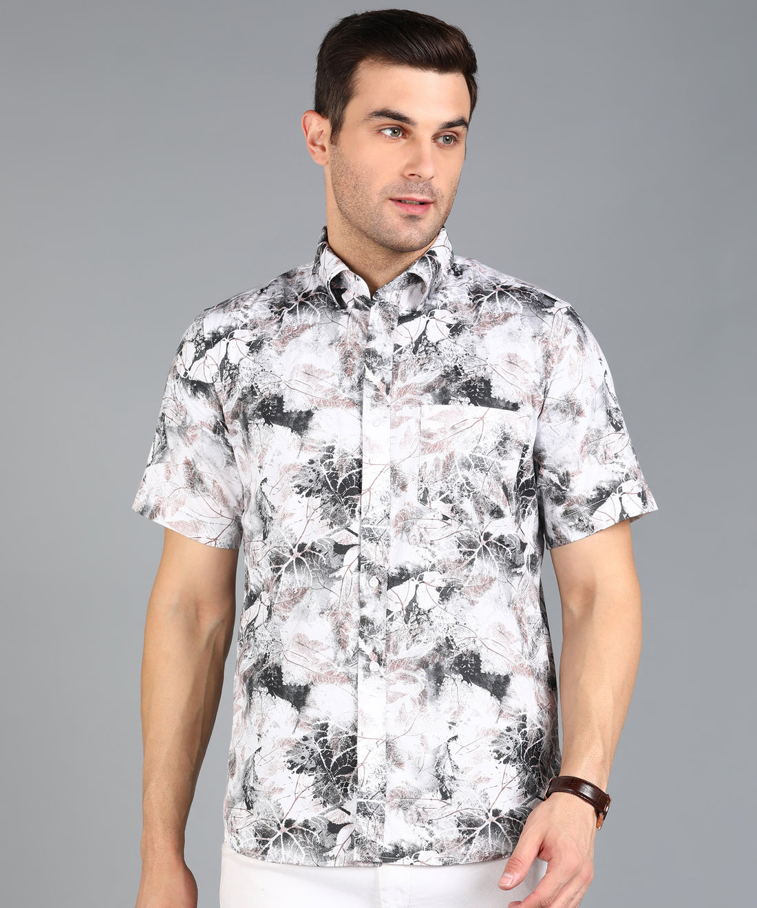 Black &amp; Brown Leaf Printed half Slim Fit Shirt