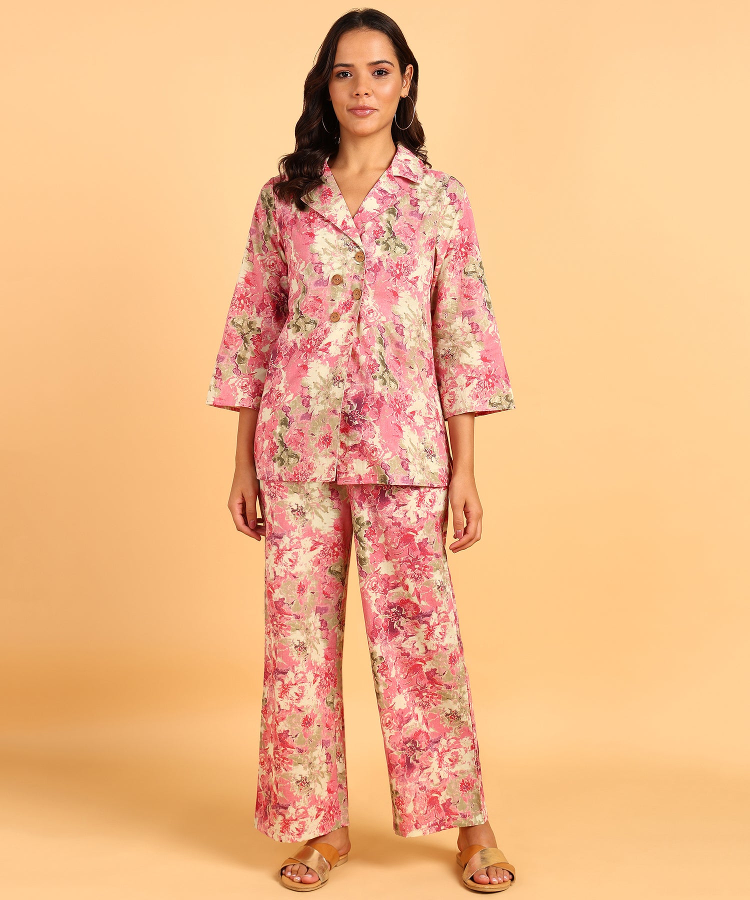 Pink Colored Floral Print Shirt &amp; Pant Set
