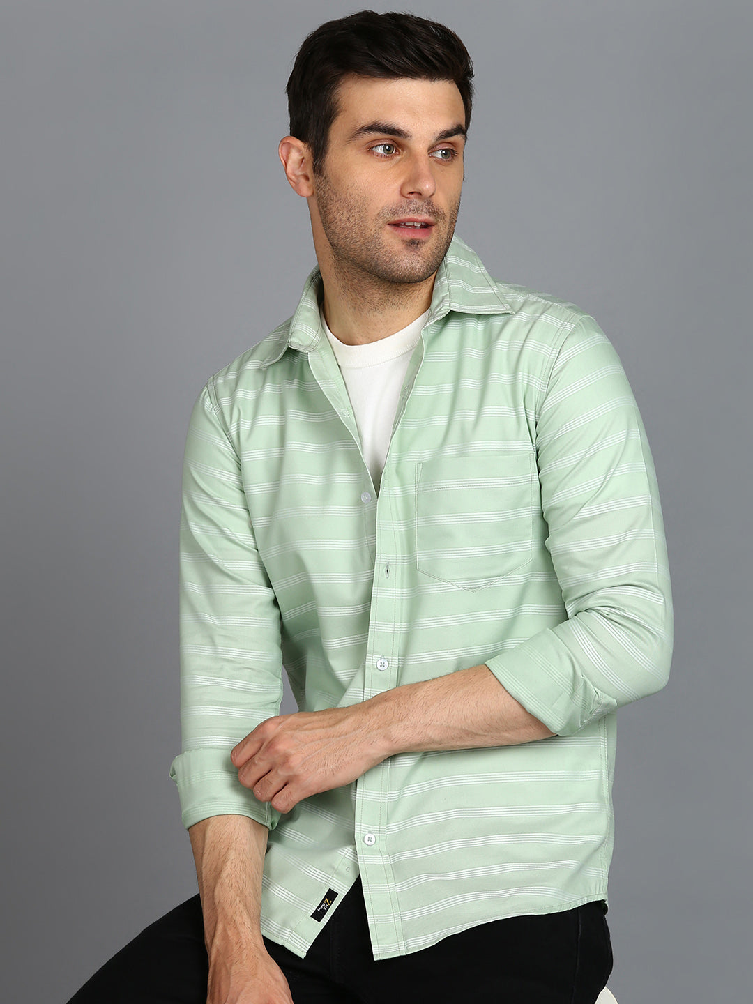 White Stripe Green Slim Fit Shirt