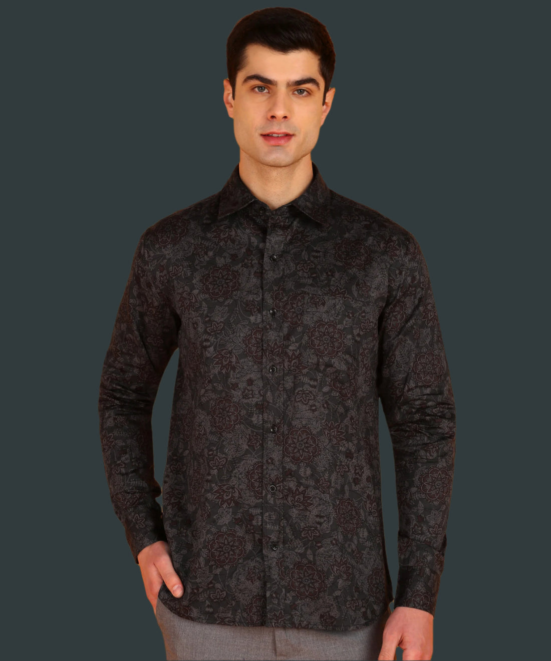 Men Dark Grey &amp; Brown Floral Print Shirt