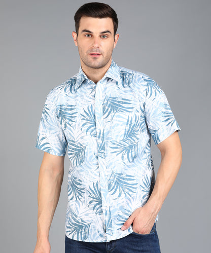 Blue Leaf Printed Half Slim Fit Shirt