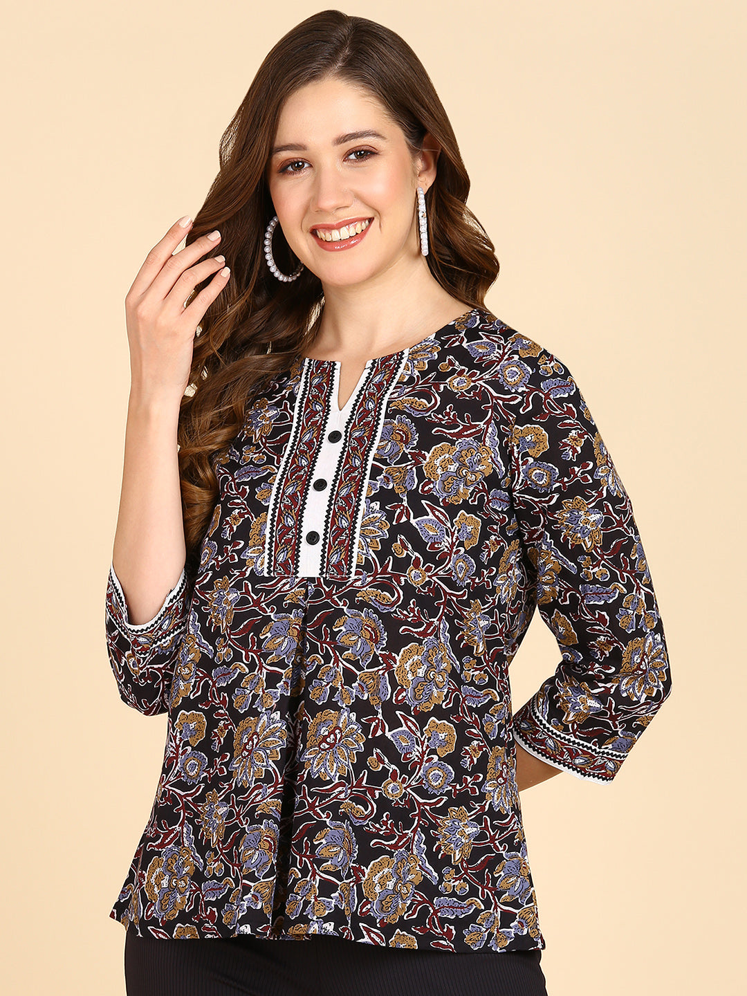 Black Floral Printed Top With Front Border Details