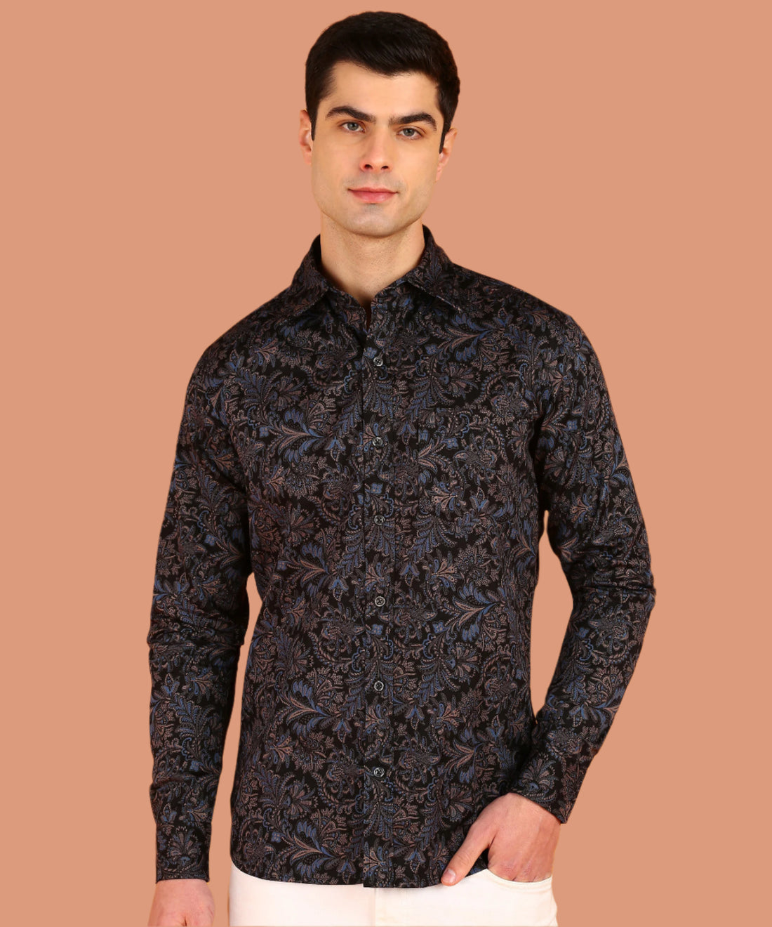 Men Blue &amp; Pink Leaf Motif Black Shirt