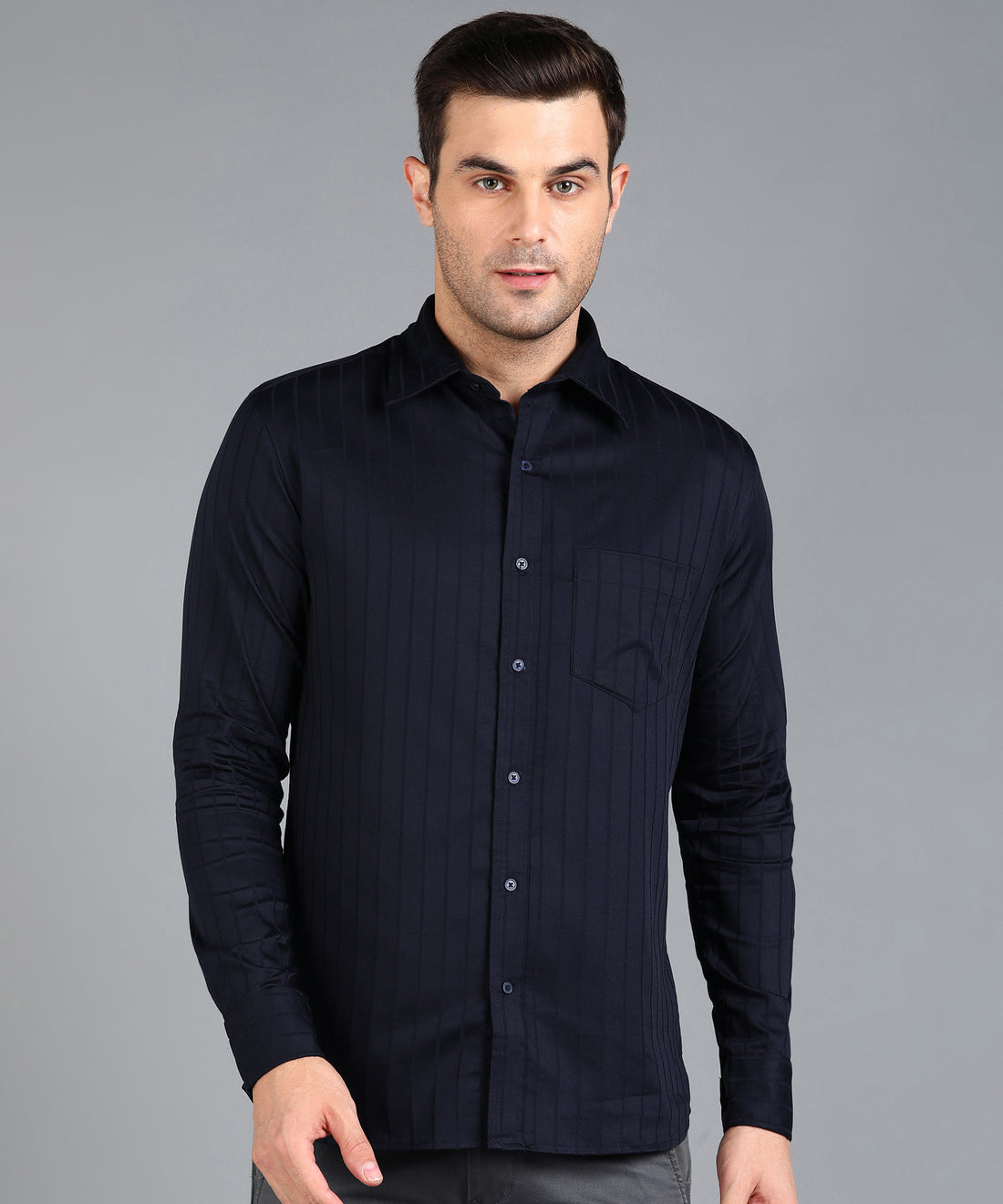 Self Striped Navy Blue Slim Fit Shirt