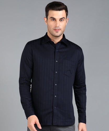 Self Striped Navy Blue Slim Fit Shirt