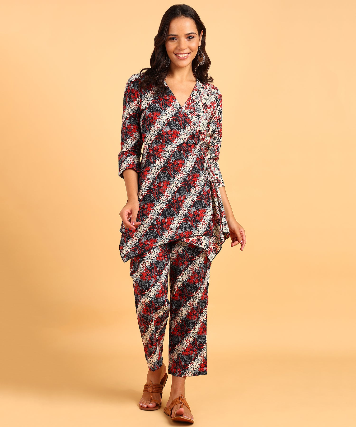 Dual Colored Floral Print Front Tie-Up Top &amp; Pant Set