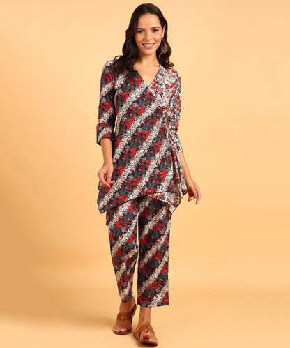 Dual Colored Floral Print Front Tie-Up Top &amp; Pant Set
