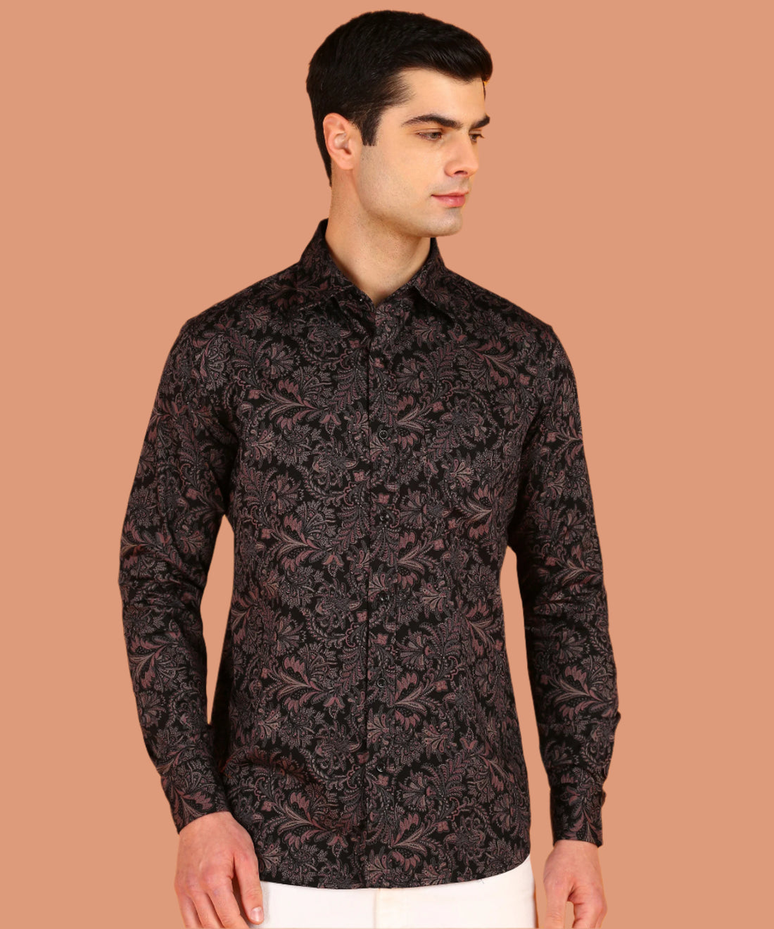 Men Brown &amp; Pink Floral Printed Full Sleeves Black Shirt