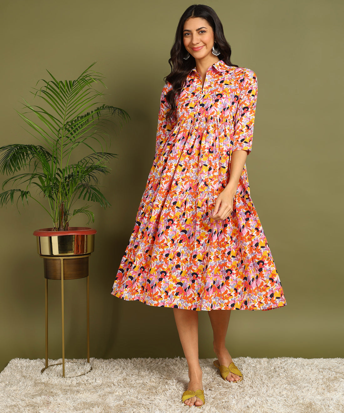 Multicolored Printed Shirt Style Maternity Wear Midi Dress