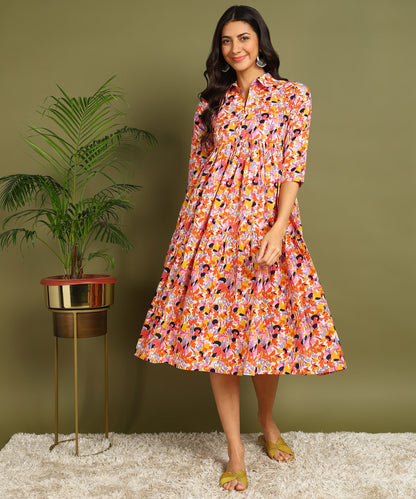 Multicolored Printed Shirt Style Maternity Wear Midi Dress