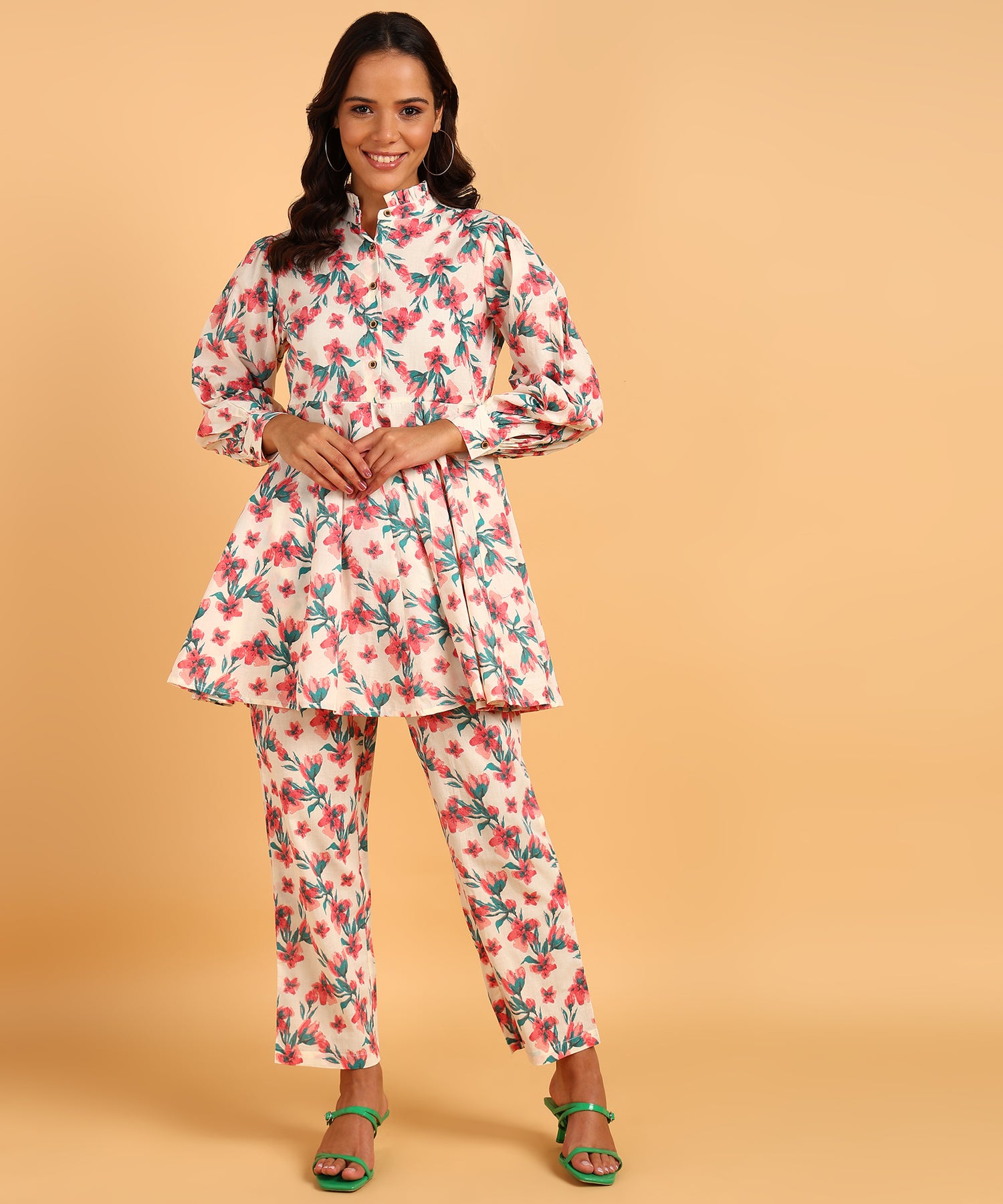 Cream Colored Floral Print Tunic &amp; Pant Set