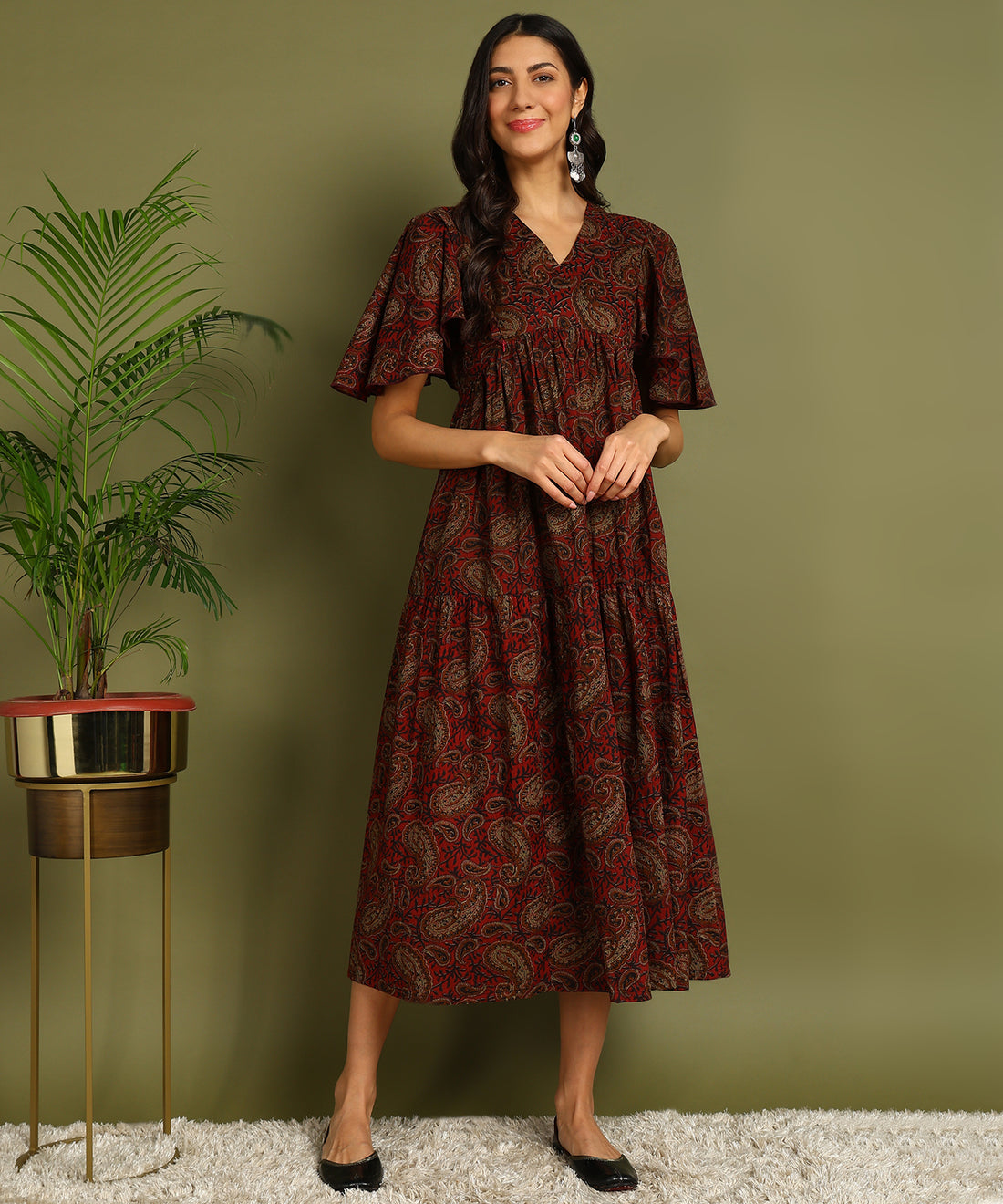 Brown Printed Maternity Wear Midi Dress