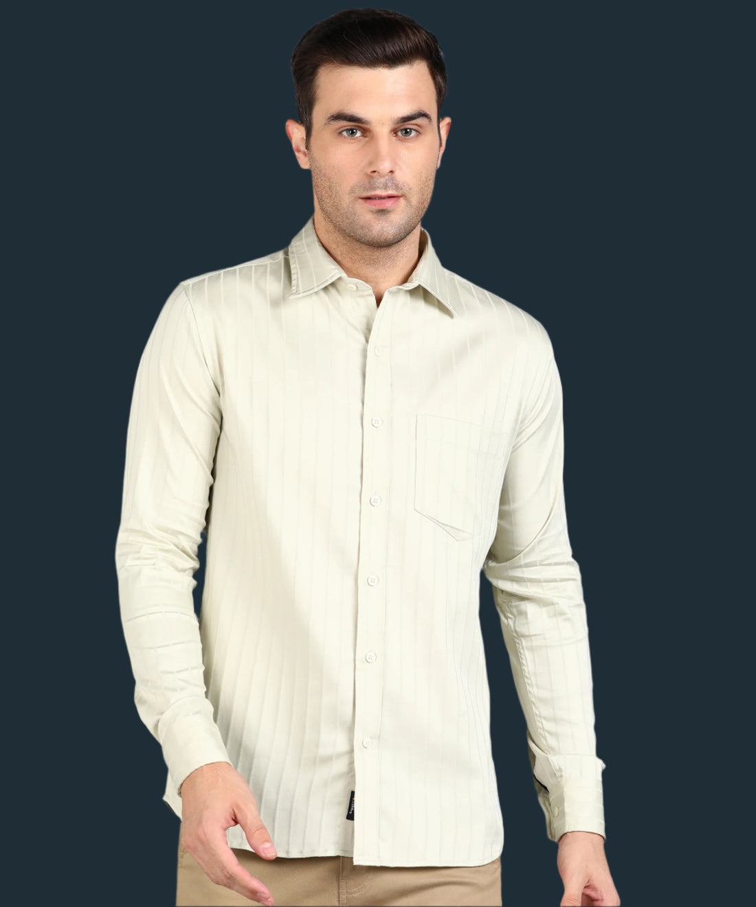 Self Striped Beige Slim Fit Shirt