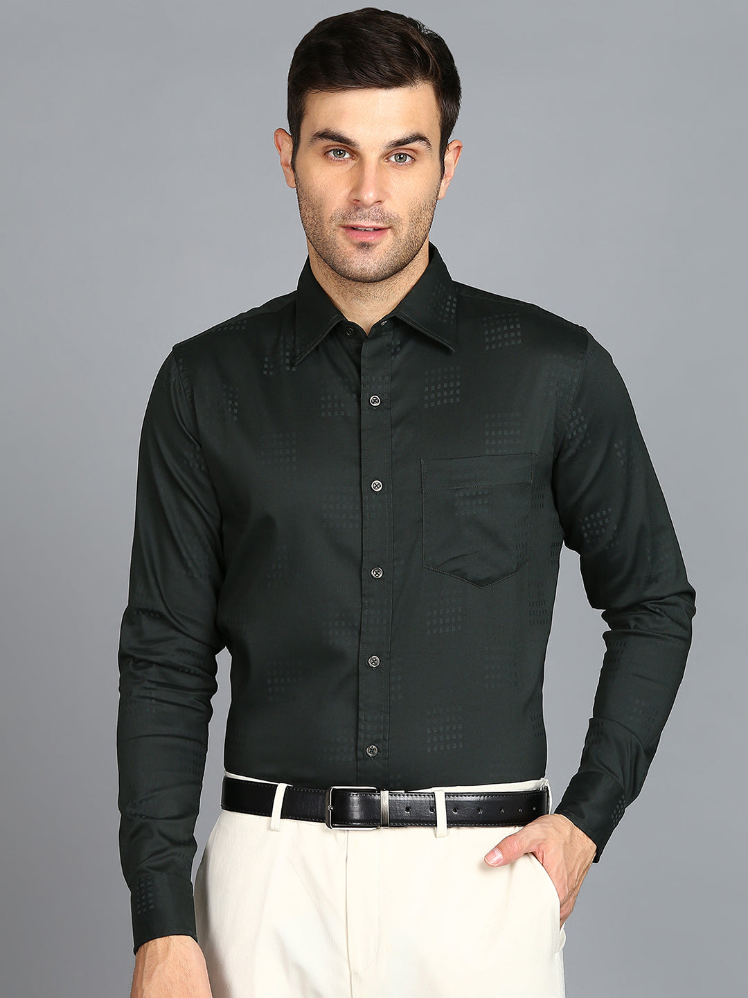 Self Checked Dark Green Slim Fit Shirt