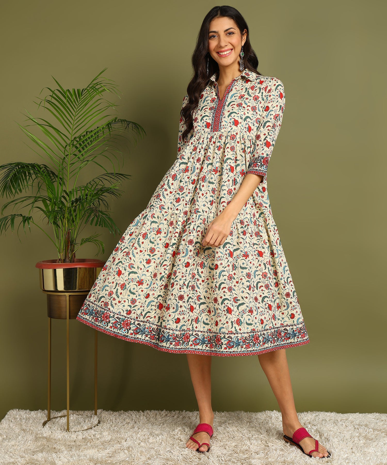 Cream Floral Print Maternity Wear Shirt Style Midi Dress