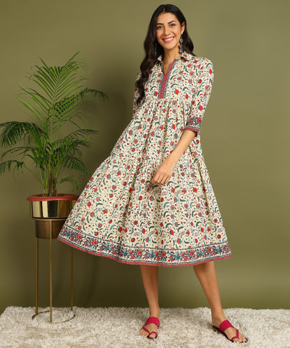 Cream Floral Print Maternity Wear Shirt Style Midi Dress