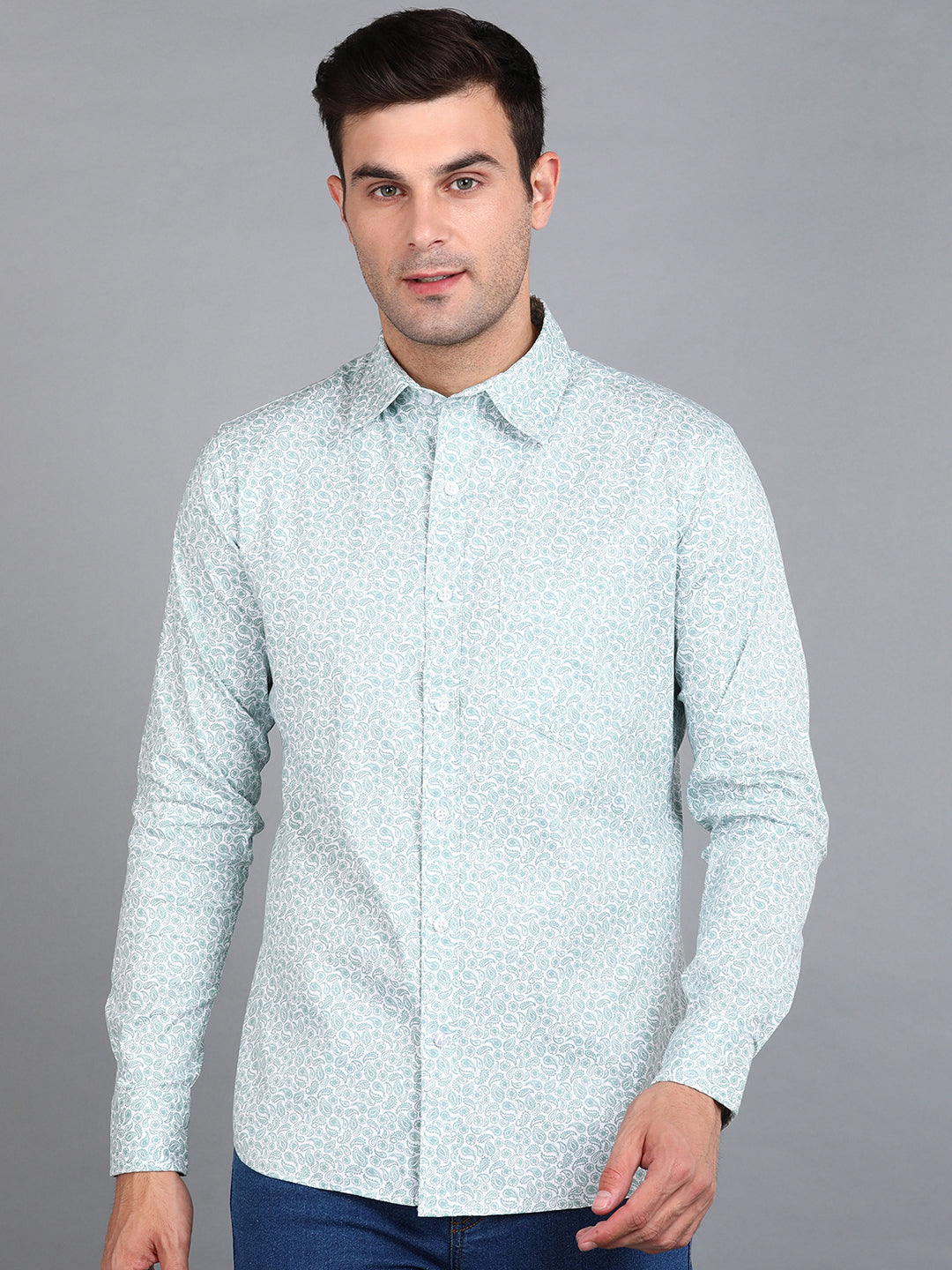 Green Floral Printed Slim Fit Shirt