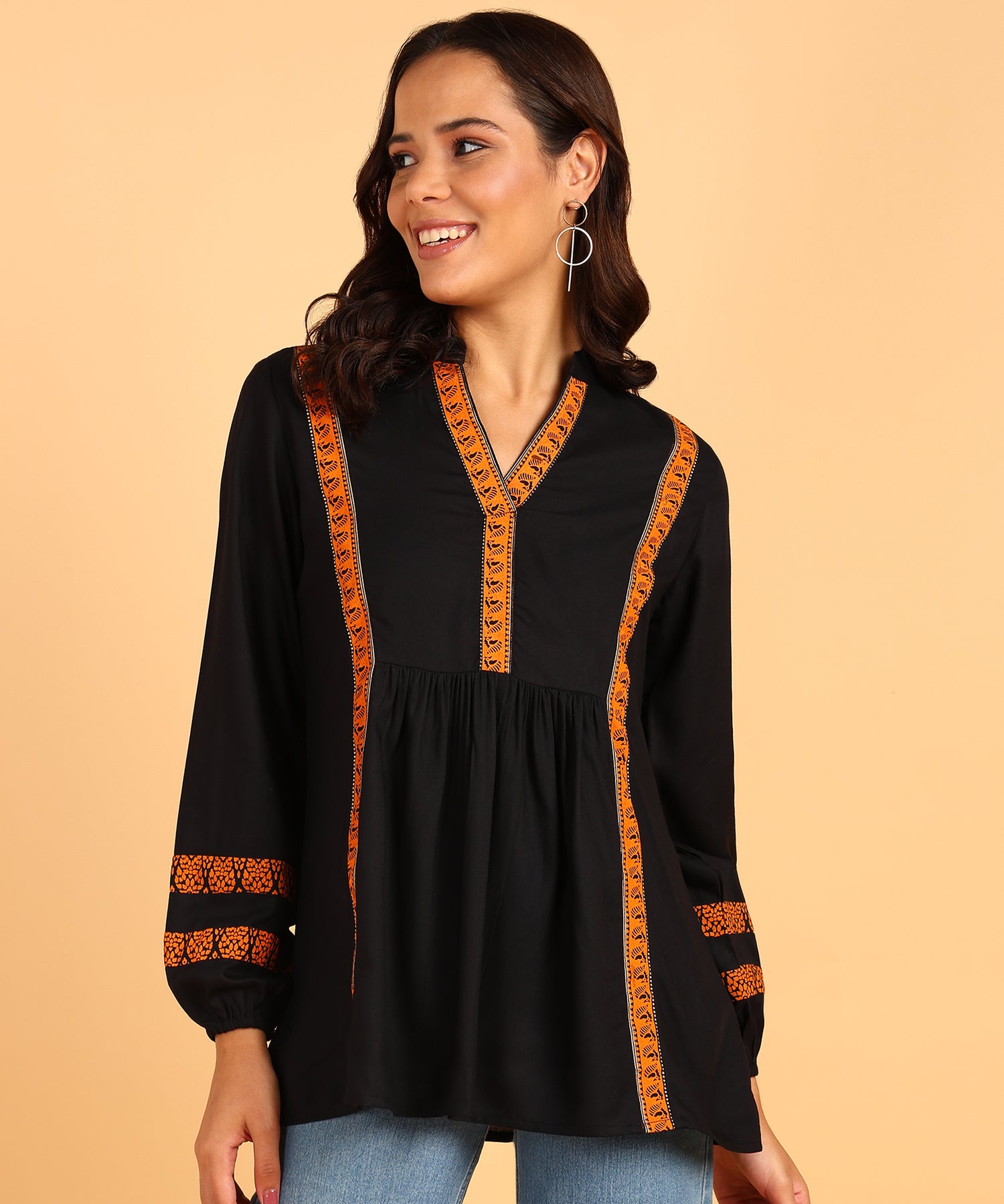 Black Short Kurti With Orange Border