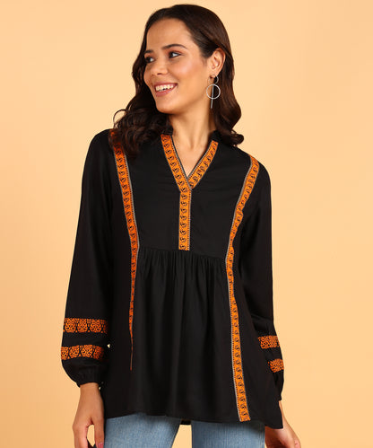 Black Short Kurti With Orange Border