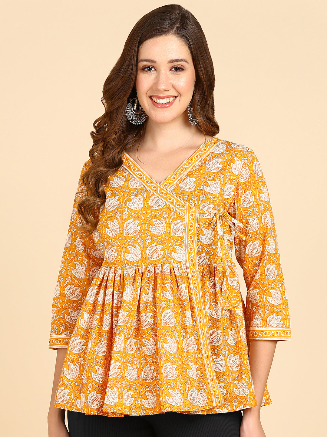 Floral Printed Angrakha Style Yellow Top