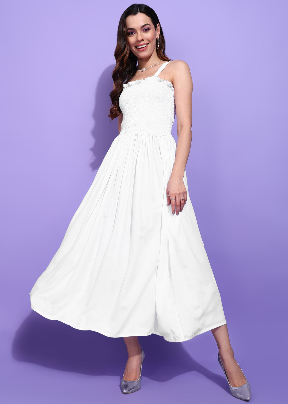 White Sleeveless Smocking Maxi Dress