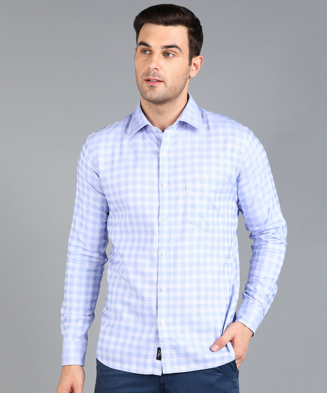 Sky Blue &amp; White Checked Slim Fit Shirt