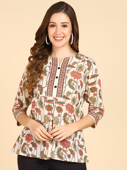 Floral Printed Cream Top With Front Border Deatails