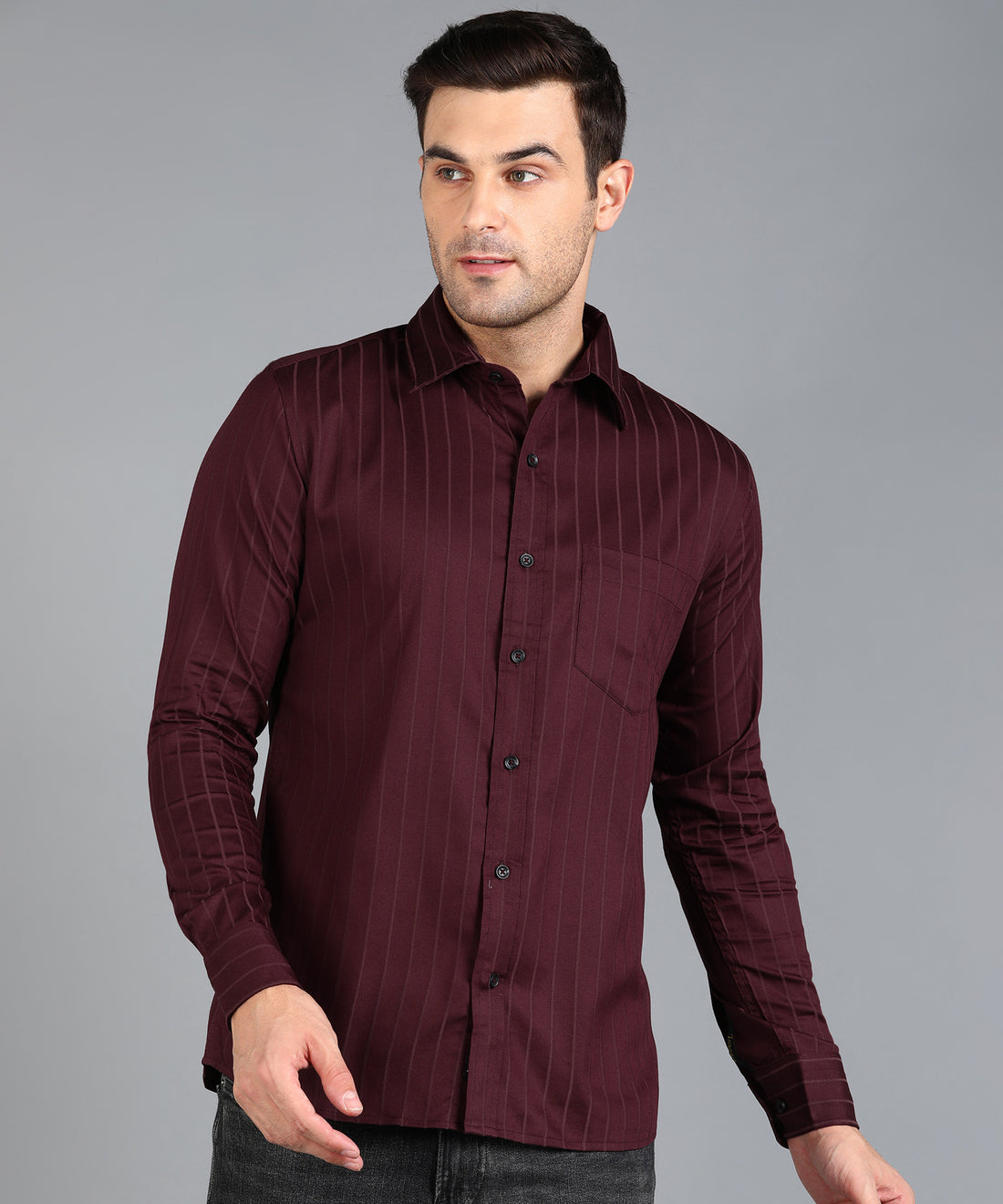 Self Striped Maroon Slim Fit Shirt