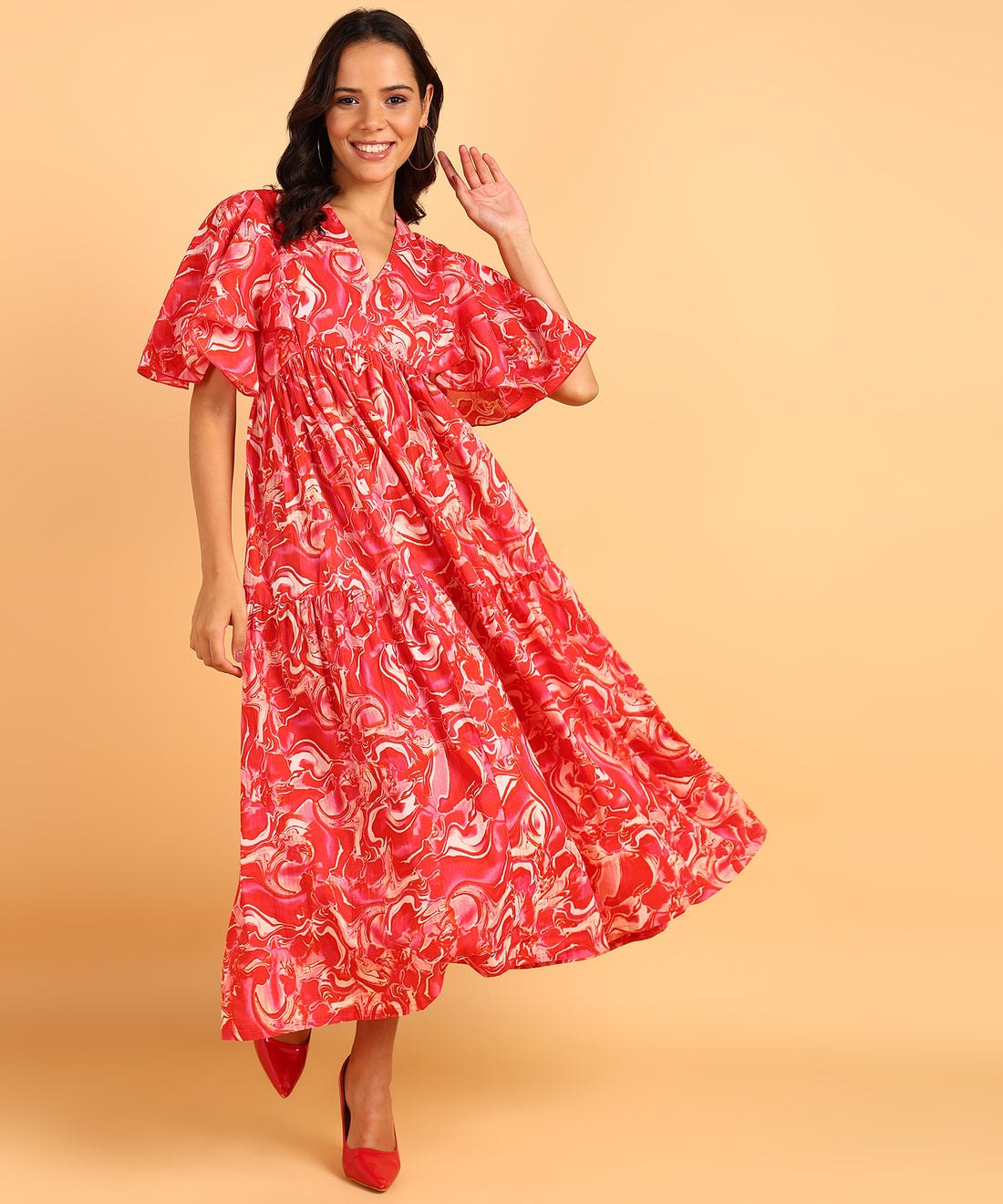 Red Colored Printed Maternity Wear Maxi Dress