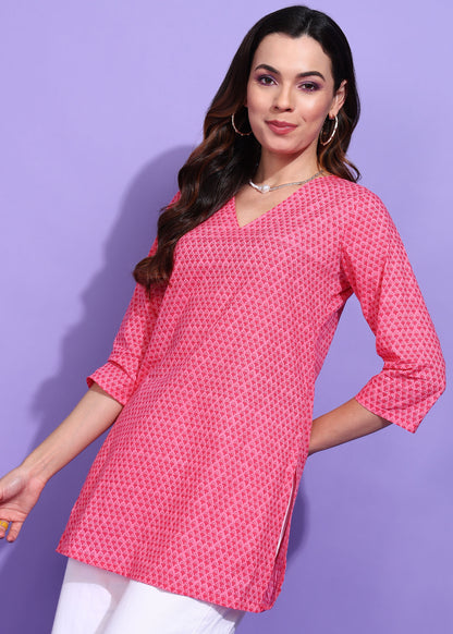 Pink Printed Short Cotton Kurti