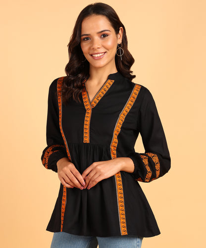 Black Short Kurti With Orange Border