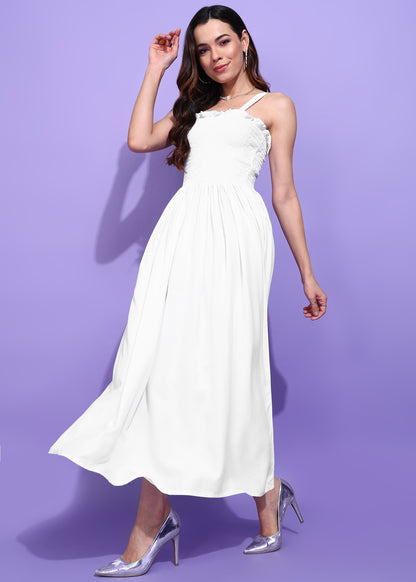 White Sleeveless Smocking Maxi Dress