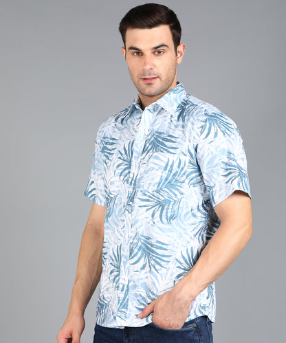 Blue Leaf Printed Half Slim Fit Shirt