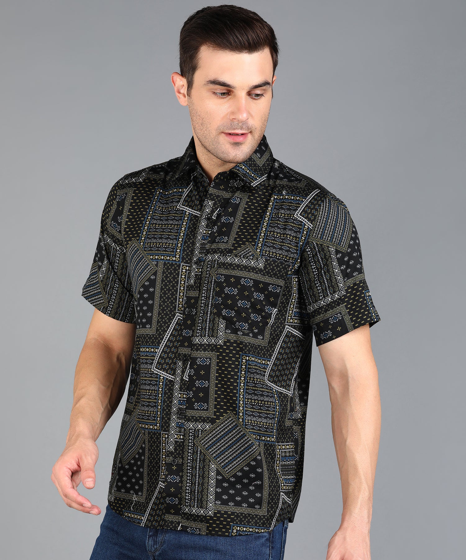 Black Indian Prints Half Slim Fit Shirt