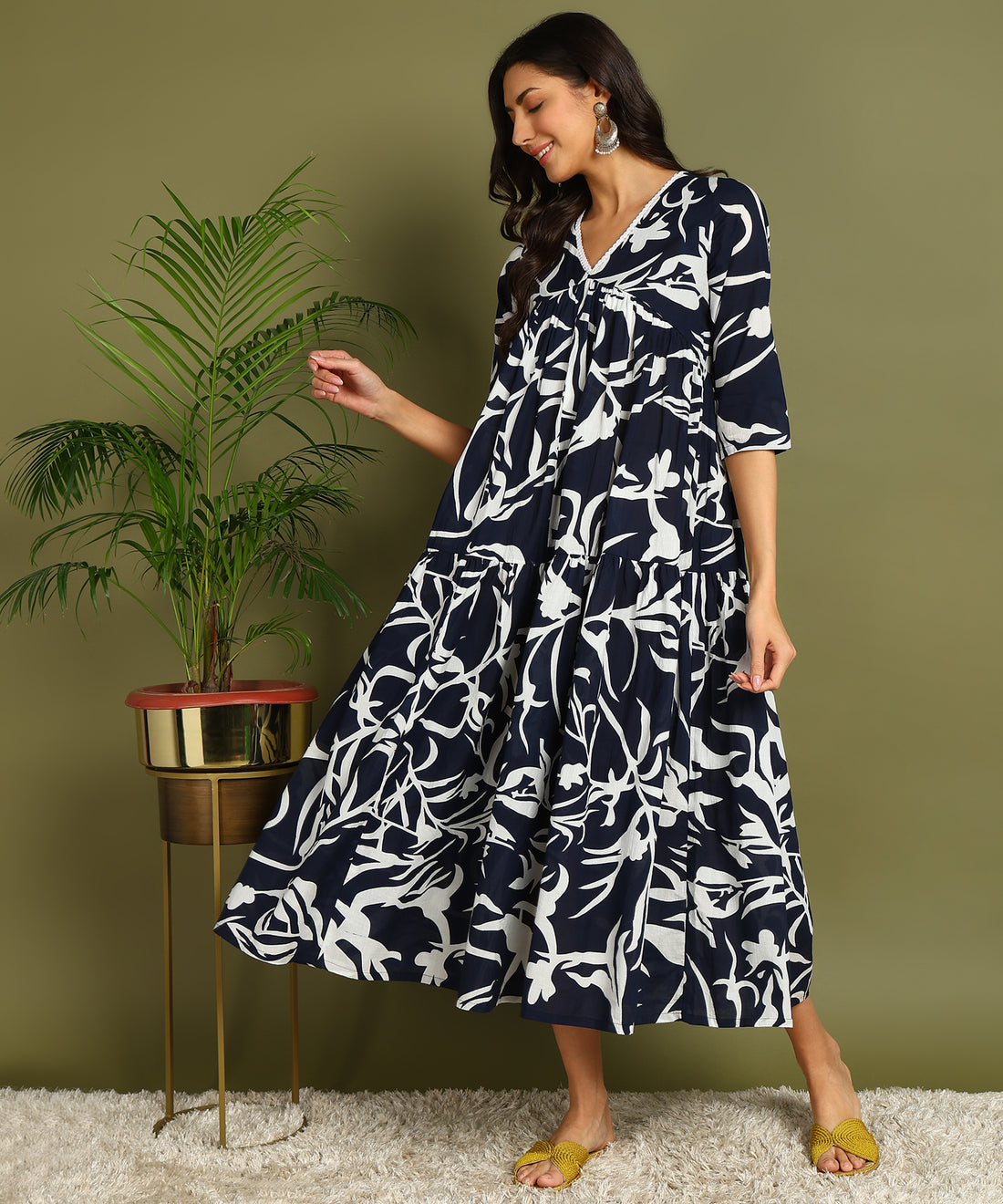 Navy Blue &amp; White Printed Maternity Wear Midi Dress