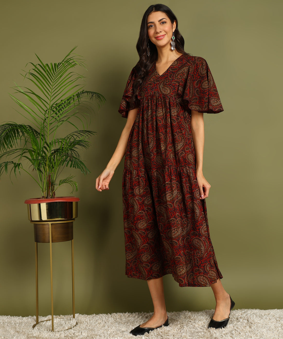Brown Printed Maternity Wear Midi Dress