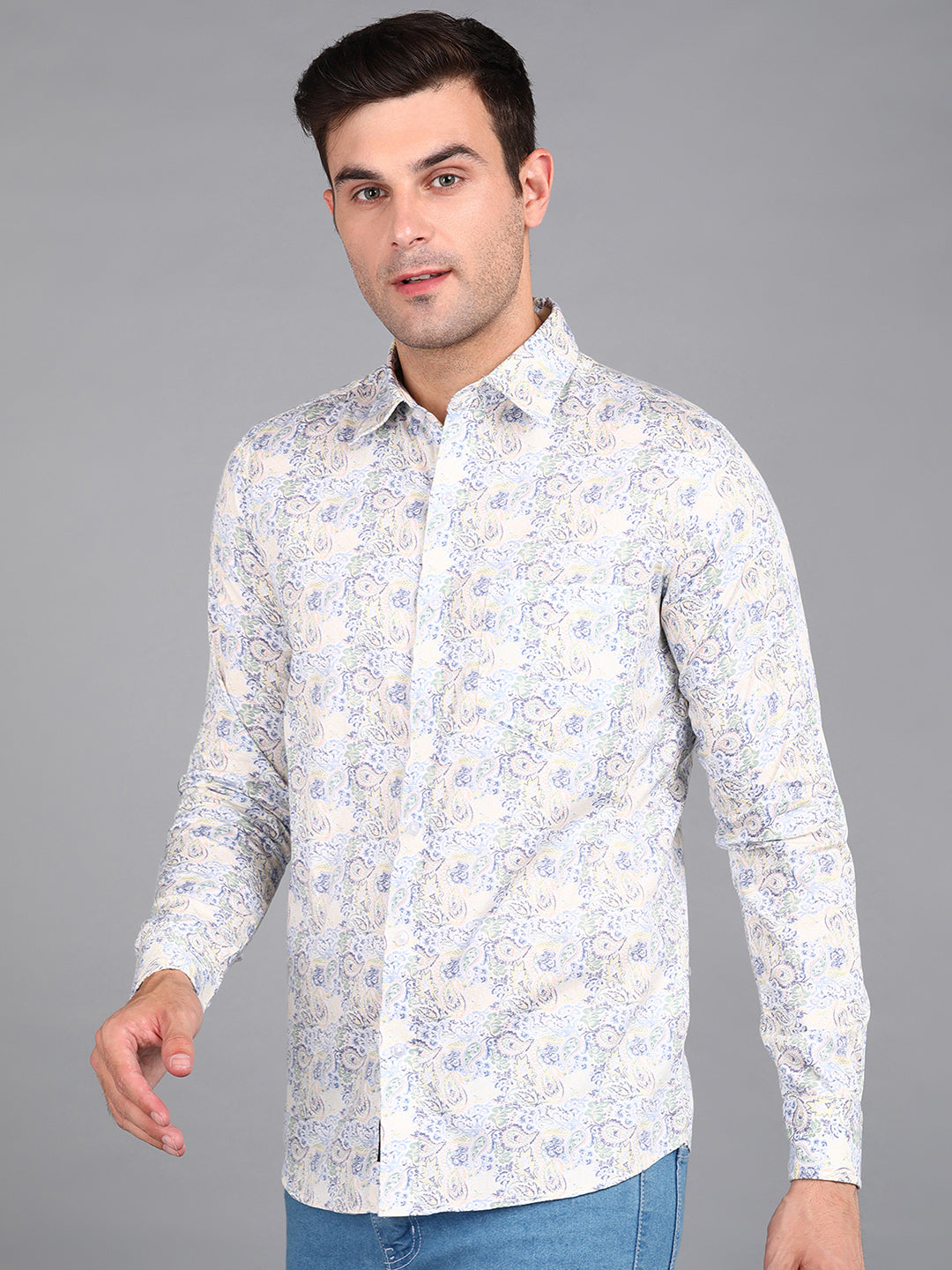 Yellow Floral Printed Off White Slim Fit Shirt