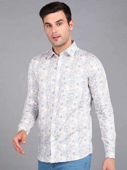 Yellow Floral Printed Off White Slim Fit Shirt