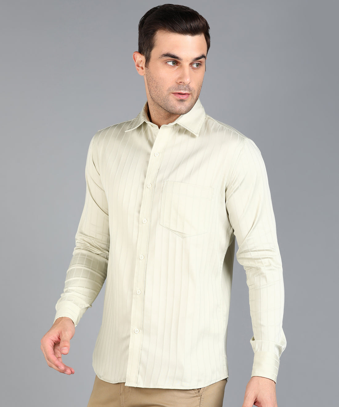 Self Striped Beige Slim Fit Shirt