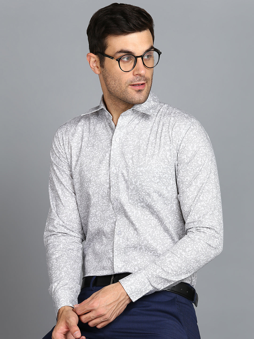 Grey Leaf &amp; Floral Printed Slim Fit Shirt