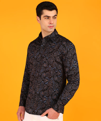 Men Blue &amp; Pink Leaf Motif Black Shirt