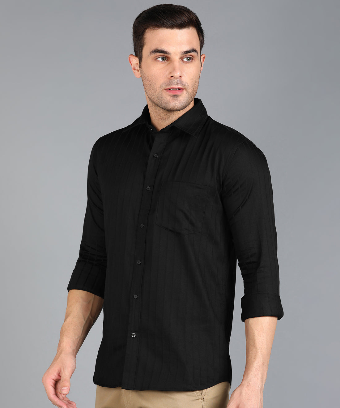 Self Striped Black Slim Fit Shirt