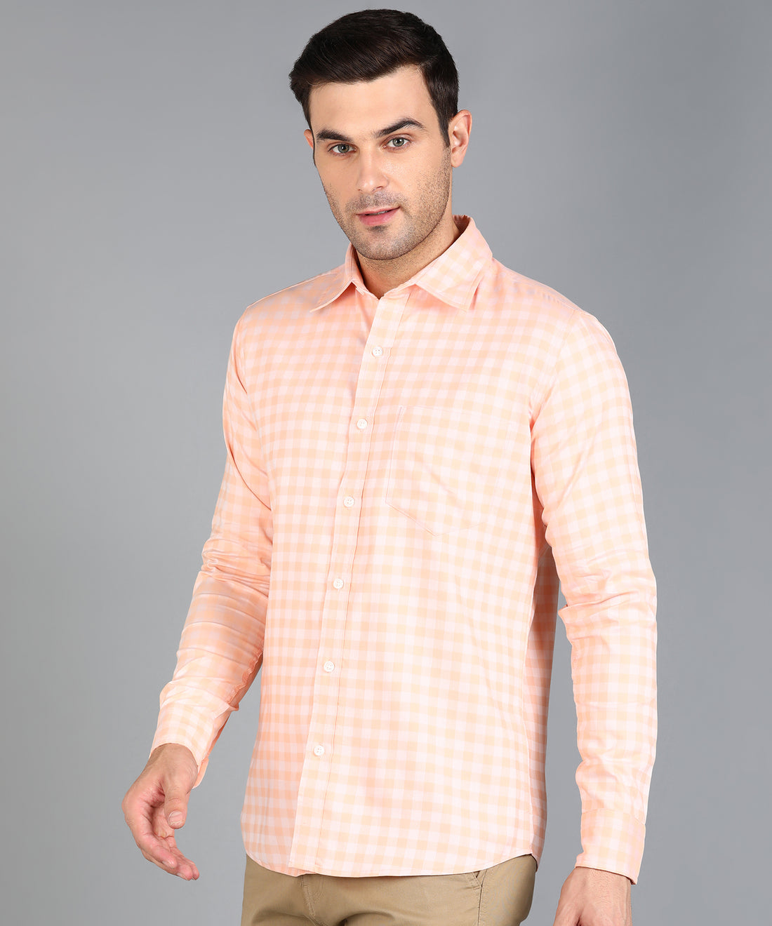 Peach Checked Slim Fit Shirt