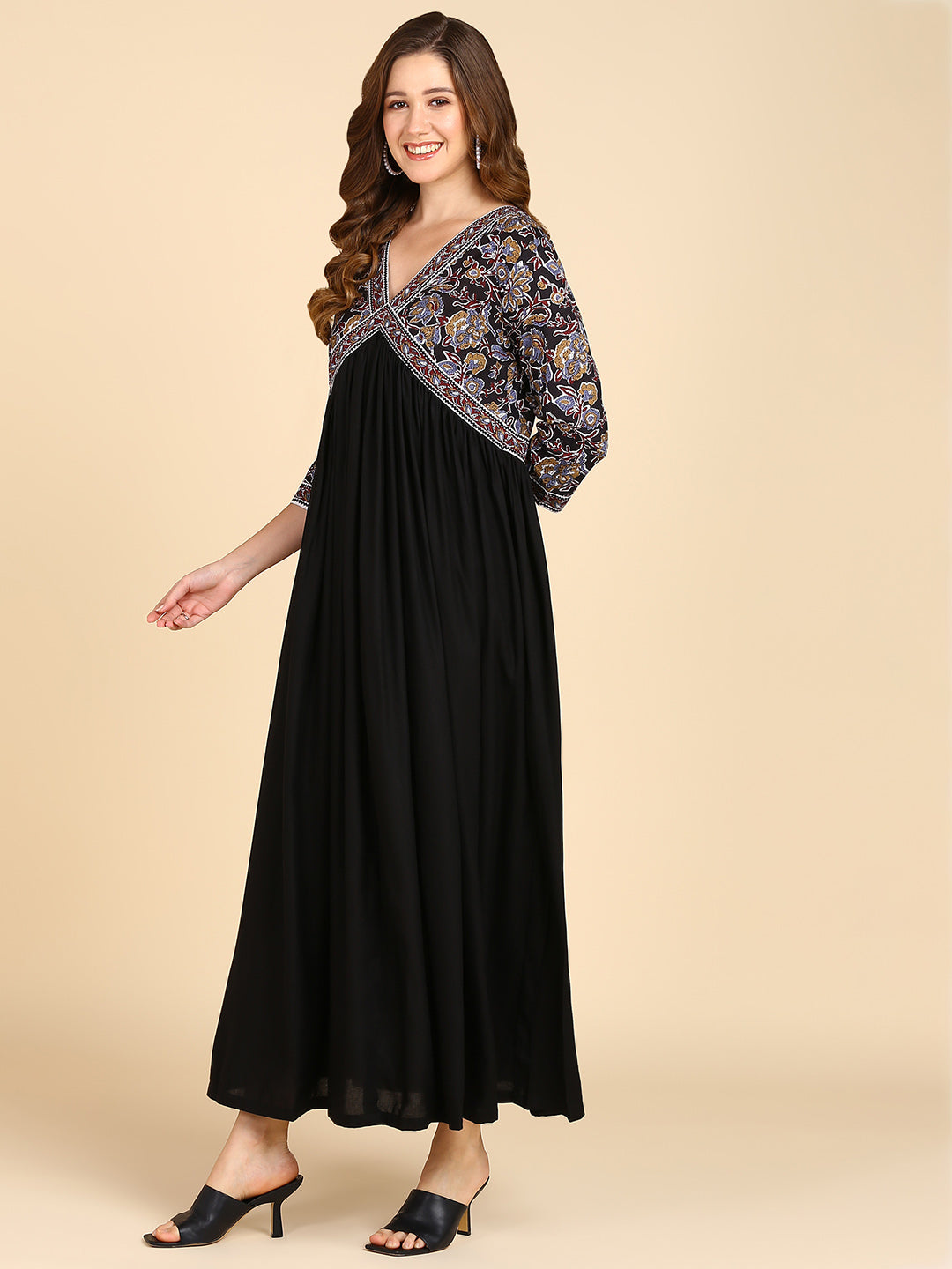 Black Floral Flared Maxi Dress With Border Details