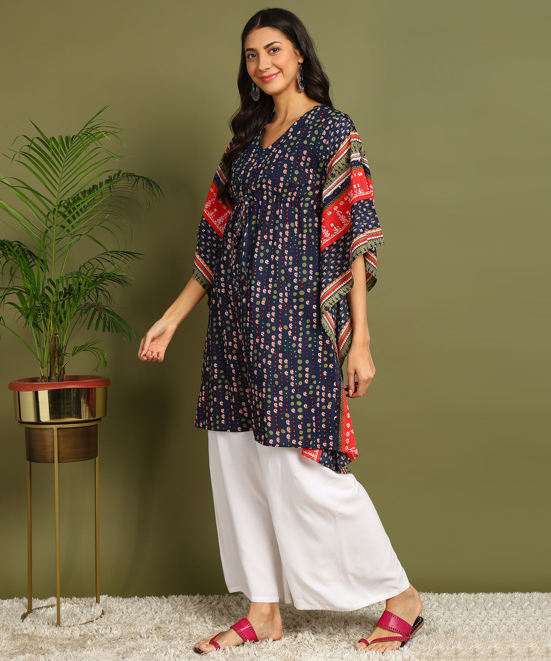 Navy Blue &amp; Red Printed Maternity Wear Kaftan