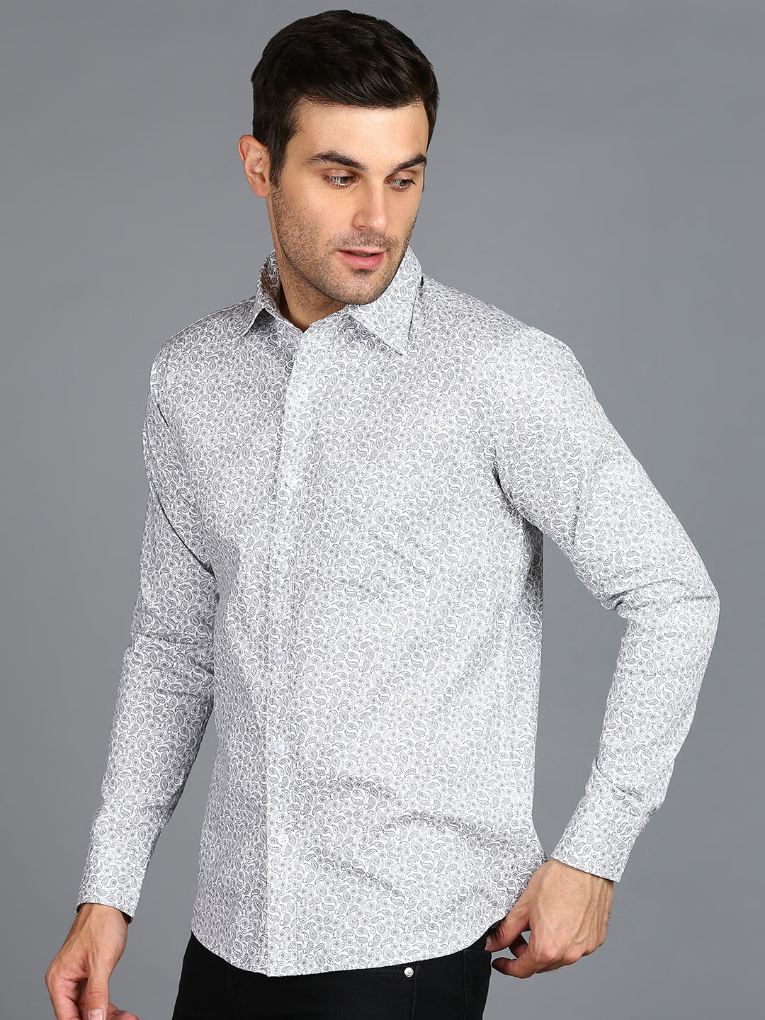 Grey Floral Printed Slim Fit Shirt
