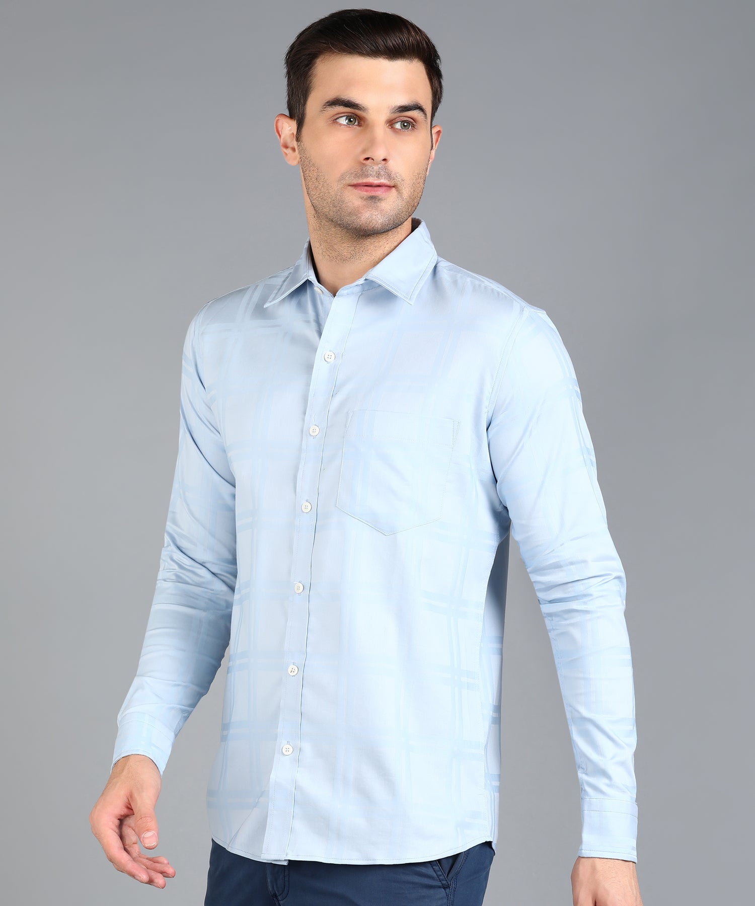 Self Design Sky Blue Slim Fit Shirt