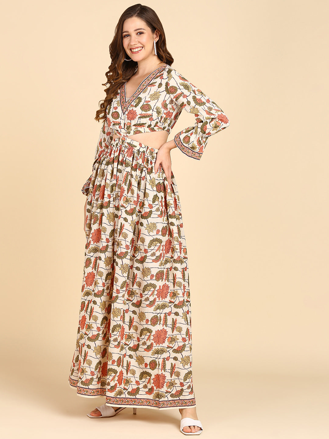 Floral Printed Cream Waist Cut-Out Maxi Dress Dress