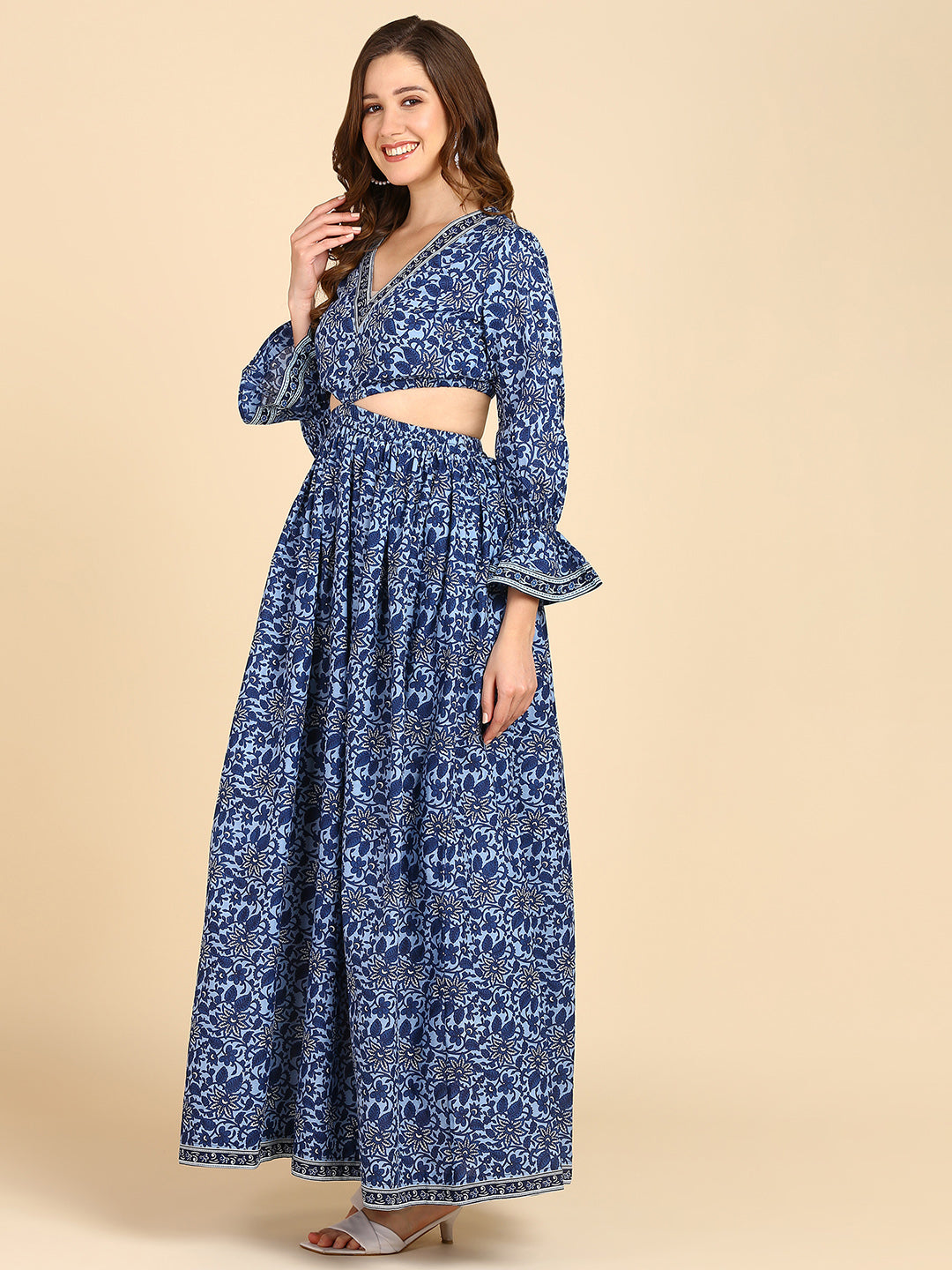 Indigo Blue Floral Waist Cut-Out Maxi DressDress